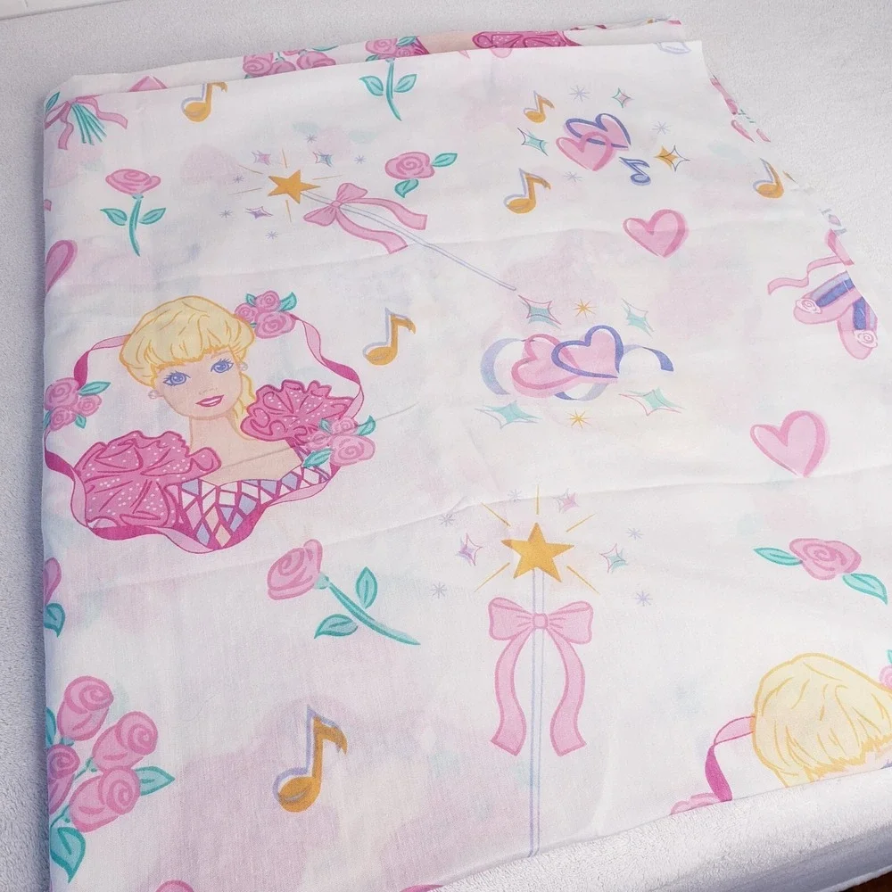 Vintage 1995 BARBIE Bed Pillow Case Twin Flat Sheet Ballerina Hearts Barbiecore